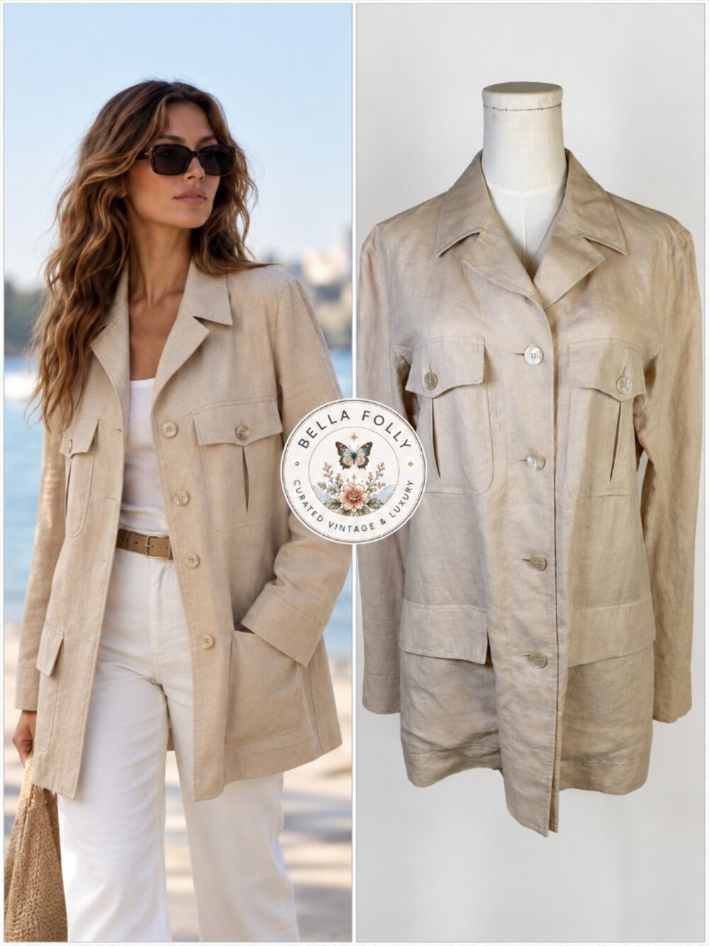 Max Mara 100% Linen Safari Shirt Jacket US 12 IT44 Khaki Button Front Italy